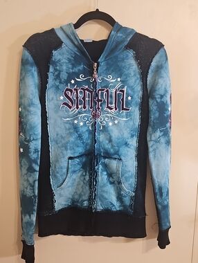 Sinful Women’s Medium Tattoo Graphic Zip Hoodie Wings Roses Made in USA